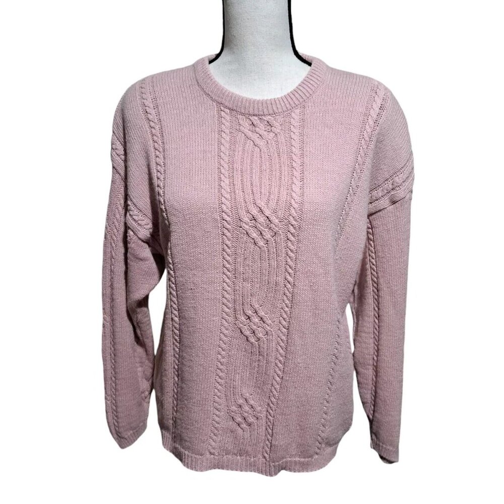 Haberdasher Chunky Cable Knit Pink Pullover Sweater SZ Medium Long Sleeve Preppy